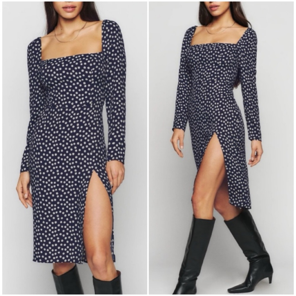 Reformation Peyton Midi Slit Dress In Flores Navy Floral Print